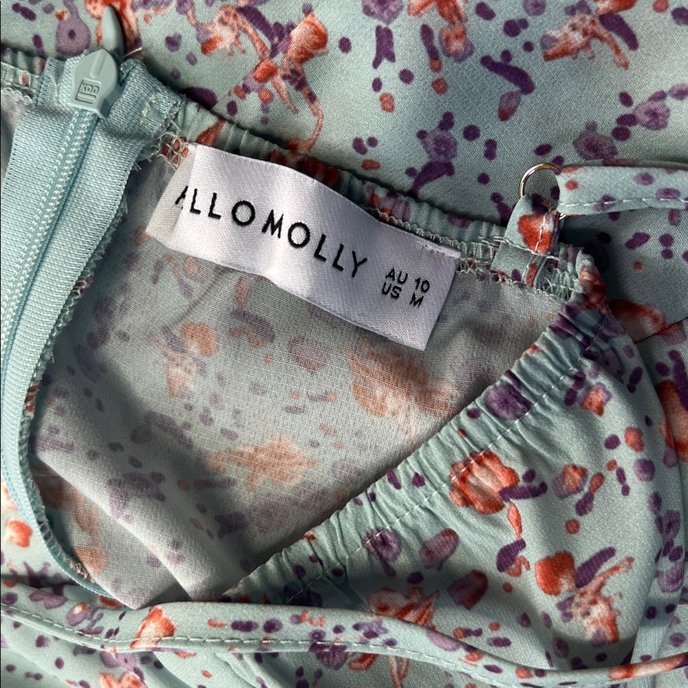 Hello Molly dress faux ruffle wrap floral blue tie mini‎ size M - Picture 7 of 10